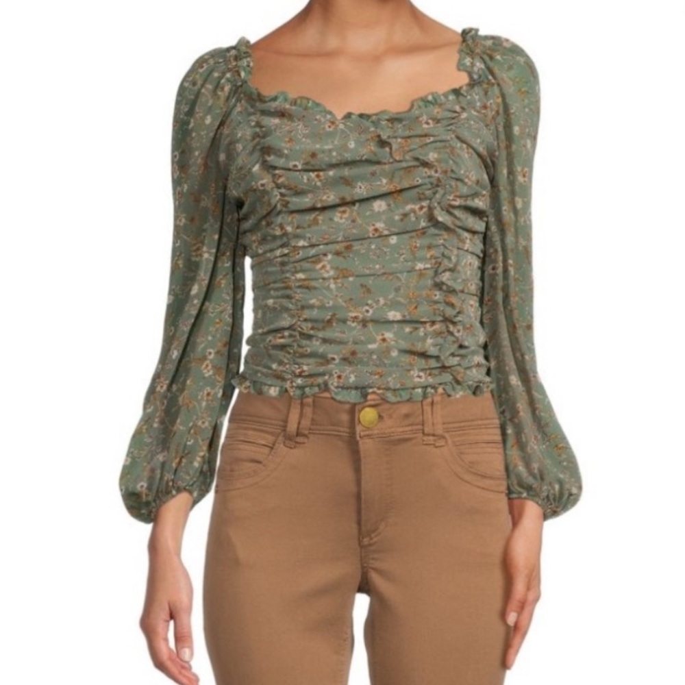 Floral Green Ruched Women's Top